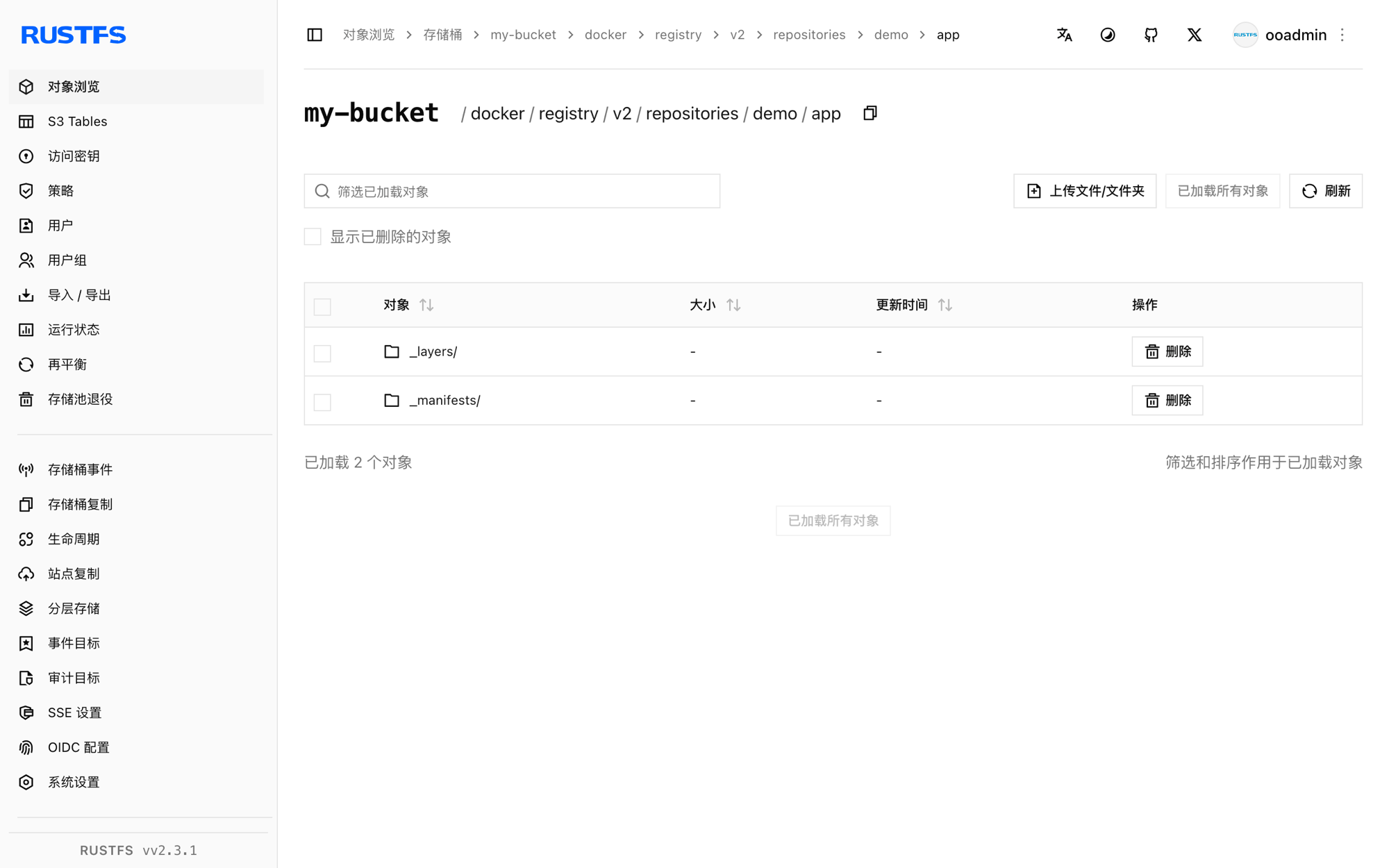 RustFS 控制台中推送镜像的仓库元数据
